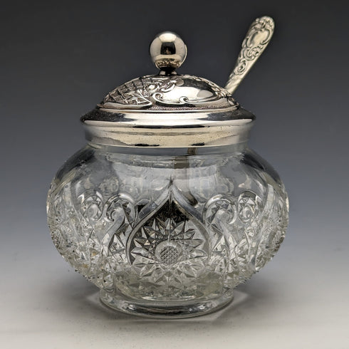 British antique cut glass jam pot silver plate lid & spoon